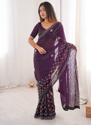 Purple fendy satin with beads embroidered work with stone border work saree with unstitched blouse 3