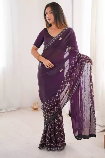 Purple fendy satin with beads embroidered work with stone border work saree with unstitched blouse