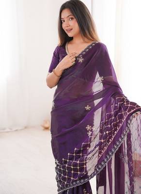 Purple fendy satin with beads embroidered work with stone border work saree with unstitched blouse 4