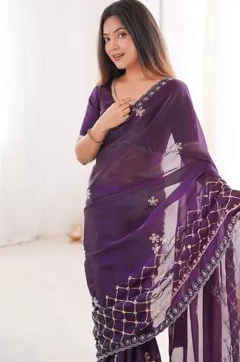 Purple fendy satin with beads embroidered work with stone border work saree with unstitched blouse