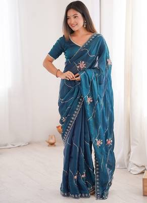 Rama fendy satin with beads embroidered work with stone border work saree with unstitched blouse 1