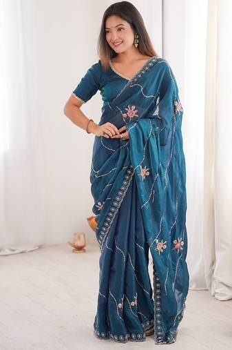 Rama fendy satin with beads embroidered work with stone border work saree with unstitched blouse