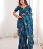 Rama fendy satin with beads embroidered work with stone border work saree with unstitched blouse