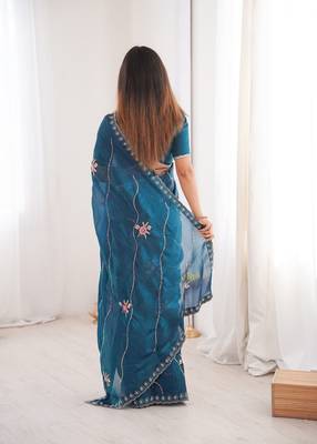 Rama fendy satin with beads embroidered work with stone border work saree with unstitched blouse 2