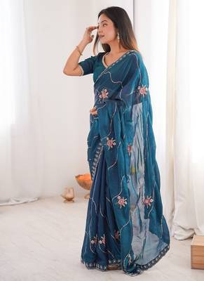 Rama fendy satin with beads embroidered work with stone border work saree with unstitched blouse 3