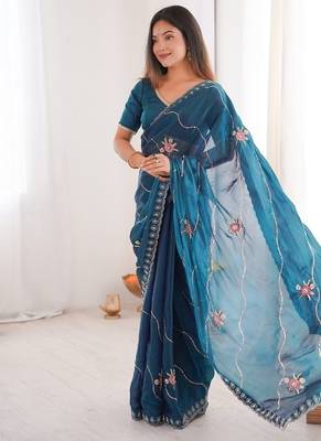 Rama fendy satin with beads embroidered work with stone border work saree with unstitched blouse 4