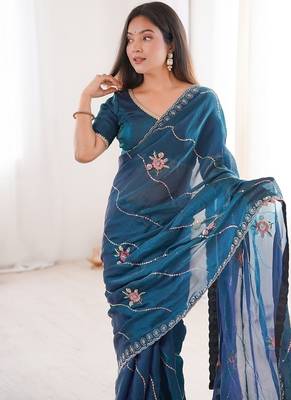 Rama fendy satin with beads embroidered work with stone border work saree with unstitched blouse 5