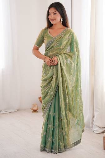 Pista fendy satin with beads embroidered work with stone border work saree with unstitched blouse