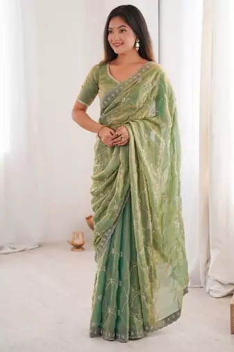 Pista fendy satin with beads embroidered work with stone border work saree with unstitched blouse