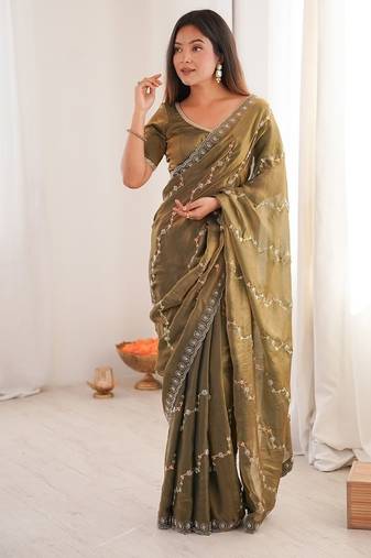 Mehendi fendy satin with beads embroidered work with stone border work saree with unstitched blouse