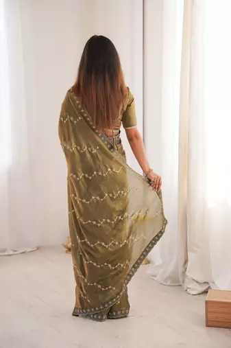 Mehendi fendy satin with beads embroidered work with stone border work saree with unstitched blouse