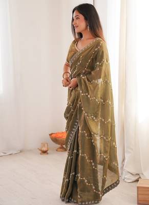 Mehendi fendy satin with beads embroidered work with stone border work saree with unstitched blouse 3