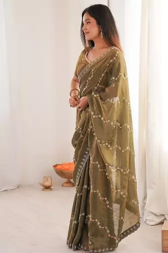 Mehendi fendy satin with beads embroidered work with stone border work saree with unstitched blouse
