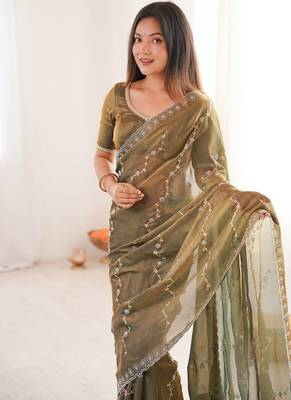Mehendi fendy satin with beads embroidered work with stone border work saree with unstitched blouse 5
