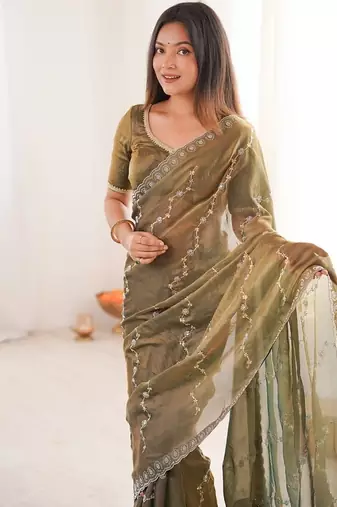 Mehendi fendy satin with beads embroidered work with stone border work saree with unstitched blouse