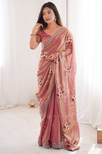 Peach fendy satin with beads embroidered work with stone border work saree with unstitched blouse