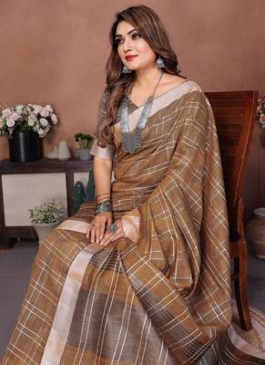 beige color zari weaving linen saree 1