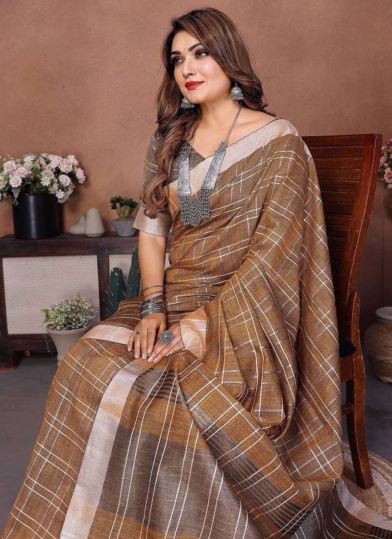 beige color zari weaving linen saree