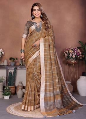 beige color zari weaving linen saree 2