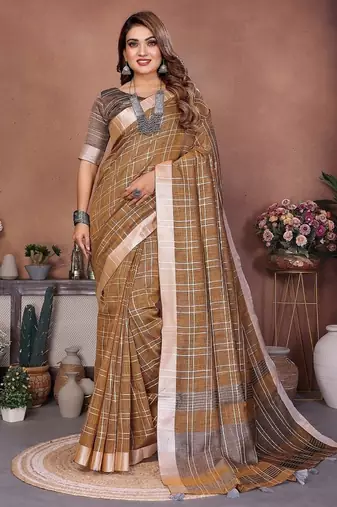 beige color zari weaving linen saree