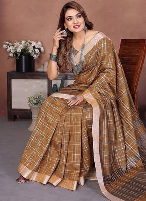 beige color zari weaving linen saree 3