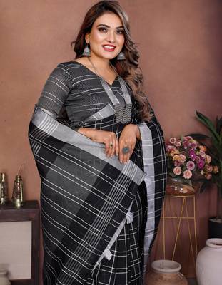 Black Color Zari Weaving Linen Saree 1