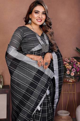 Black Color Zari Weaving Linen Saree