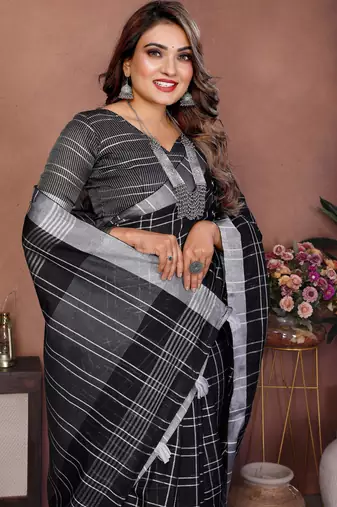 Black Color Zari Weaving Linen Saree