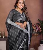 Black Color Zari Weaving Linen Saree