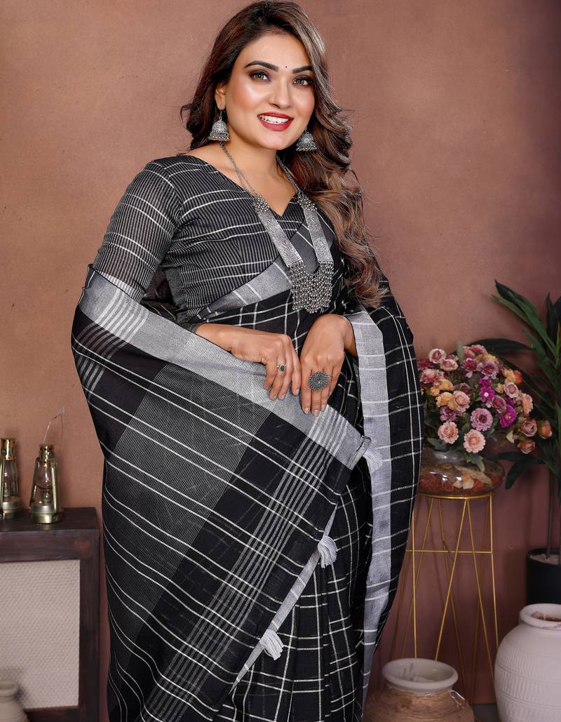 Black Color Zari Weaving Linen Saree