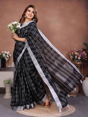 Black Color Zari Weaving Linen Saree 3