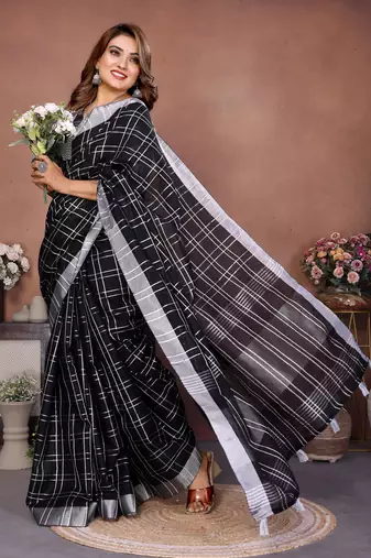 Black Color Zari Weaving Linen Saree