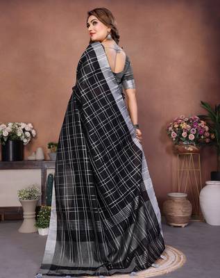 Black Color Zari Weaving Linen Saree 4
