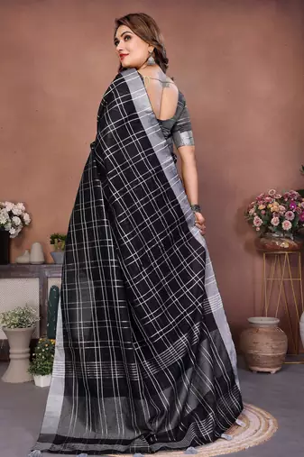 Black Color Zari Weaving Linen Saree