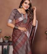 Brown Color Zari Weaving Linen Saree