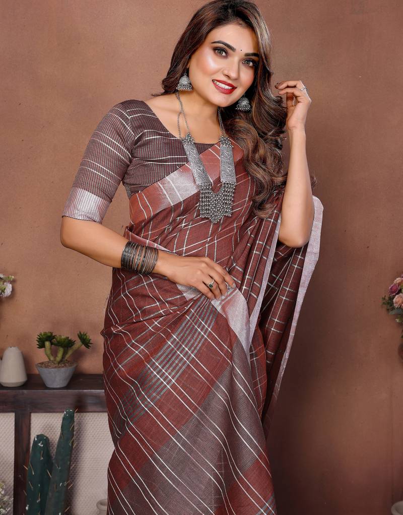 Brown Color Zari Weaving Linen Saree