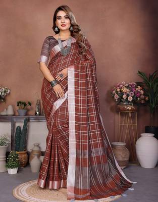 Brown Color Zari Weaving Linen Saree 2