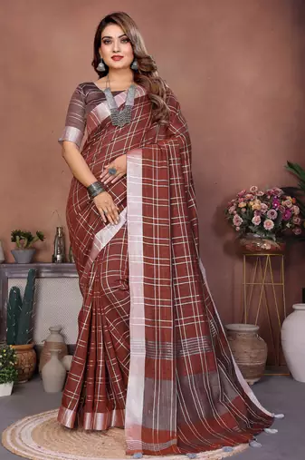 Brown Color Zari Weaving Linen Saree