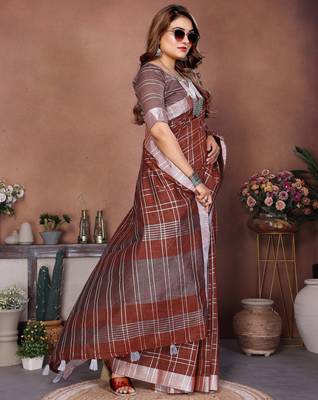 Brown Color Zari Weaving Linen Saree 3