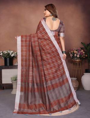 Brown Color Zari Weaving Linen Saree 4