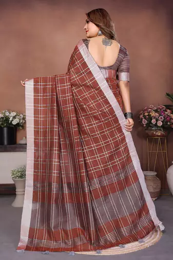 Brown Color Zari Weaving Linen Saree