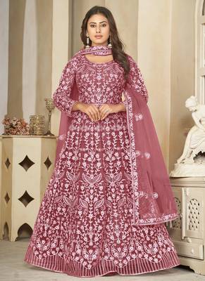 Peach net embroidered wedding wear anarkali suit 1