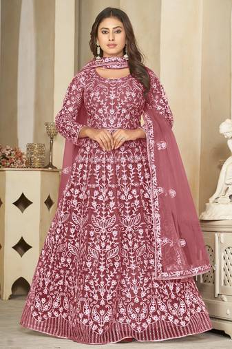 Peach net embroidered wedding wear anarkali suit