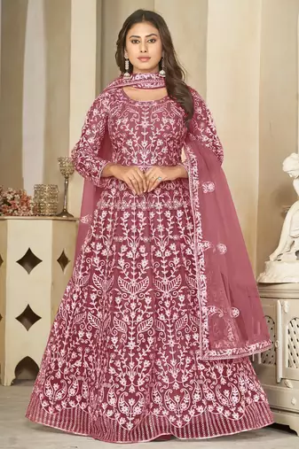 Peach net embroidered wedding wear anarkali suit