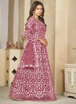 Peach net embroidered wedding wear anarkali suit 2