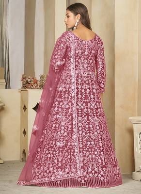 Peach net embroidered wedding wear anarkali suit 3