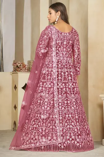 Peach net embroidered wedding wear anarkali suit