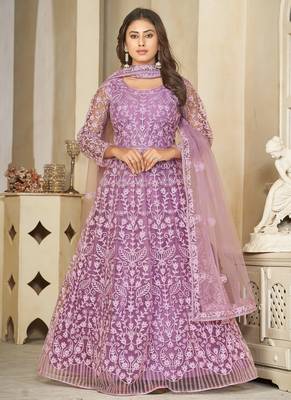 Light lavender net embroidered wedding wear anarkali suit 1