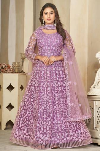 Light lavender net embroidered wedding wear anarkali suit