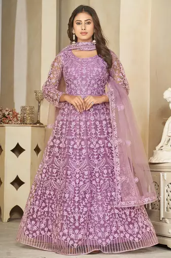 Light lavender net embroidered wedding wear anarkali suit